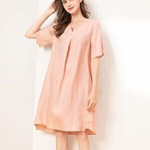Modern Miss Summer Linen Pink V-Neck Short Sleeve Midi Dress P5794